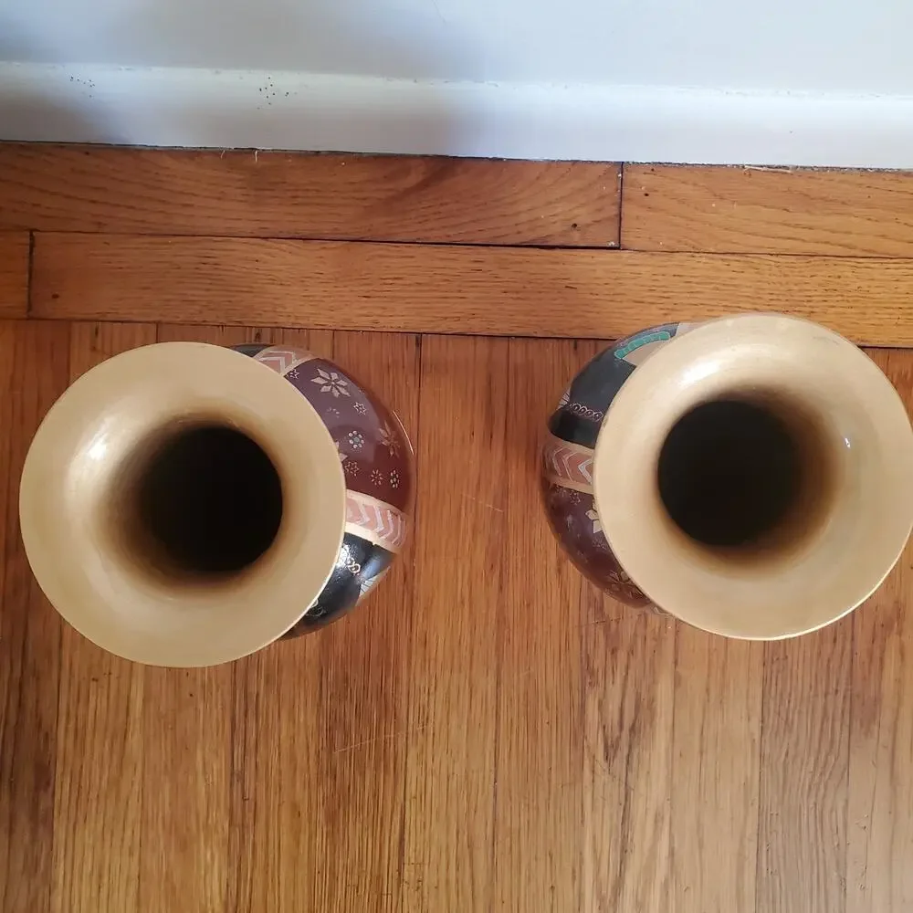 2 Vintage Hand Painted Ceramic Brown Metallic Color Vases